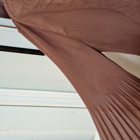 Express Pleated Dress Shirt Sz.L Brown Sheer Vneck Ballon Sleeves - Picture 6 of 14